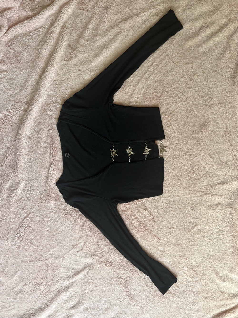 Black Long-Sleeve Cropped Cardigan with Embellished Front